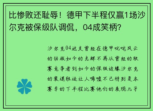 比惨败还耻辱！德甲下半程仅赢1场沙尔克被保级队调侃，04成笑柄？