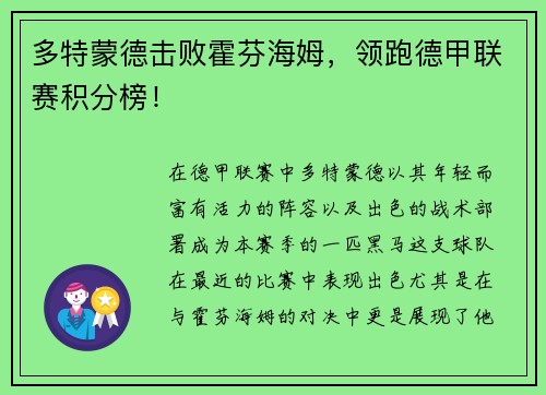 多特蒙德击败霍芬海姆，领跑德甲联赛积分榜！